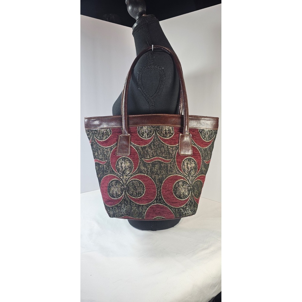 Burgundy Tapestry Tote Bag‎ Brown Faux Leather Trim Handles Zip Top Lined Purse